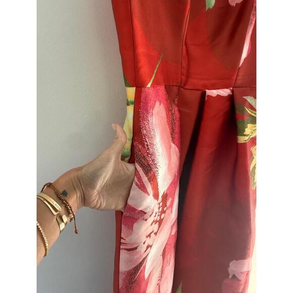 KAY UNGER NEW YORK Womens Size 6 Red Floral Sleeveless Midi Square Neck Elegant - Picture 6 of 10